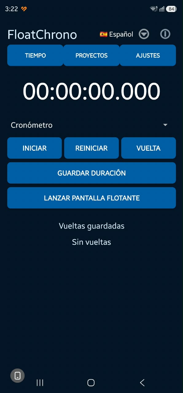 Pantalla principal de FloatChrono con cronómetro y controles